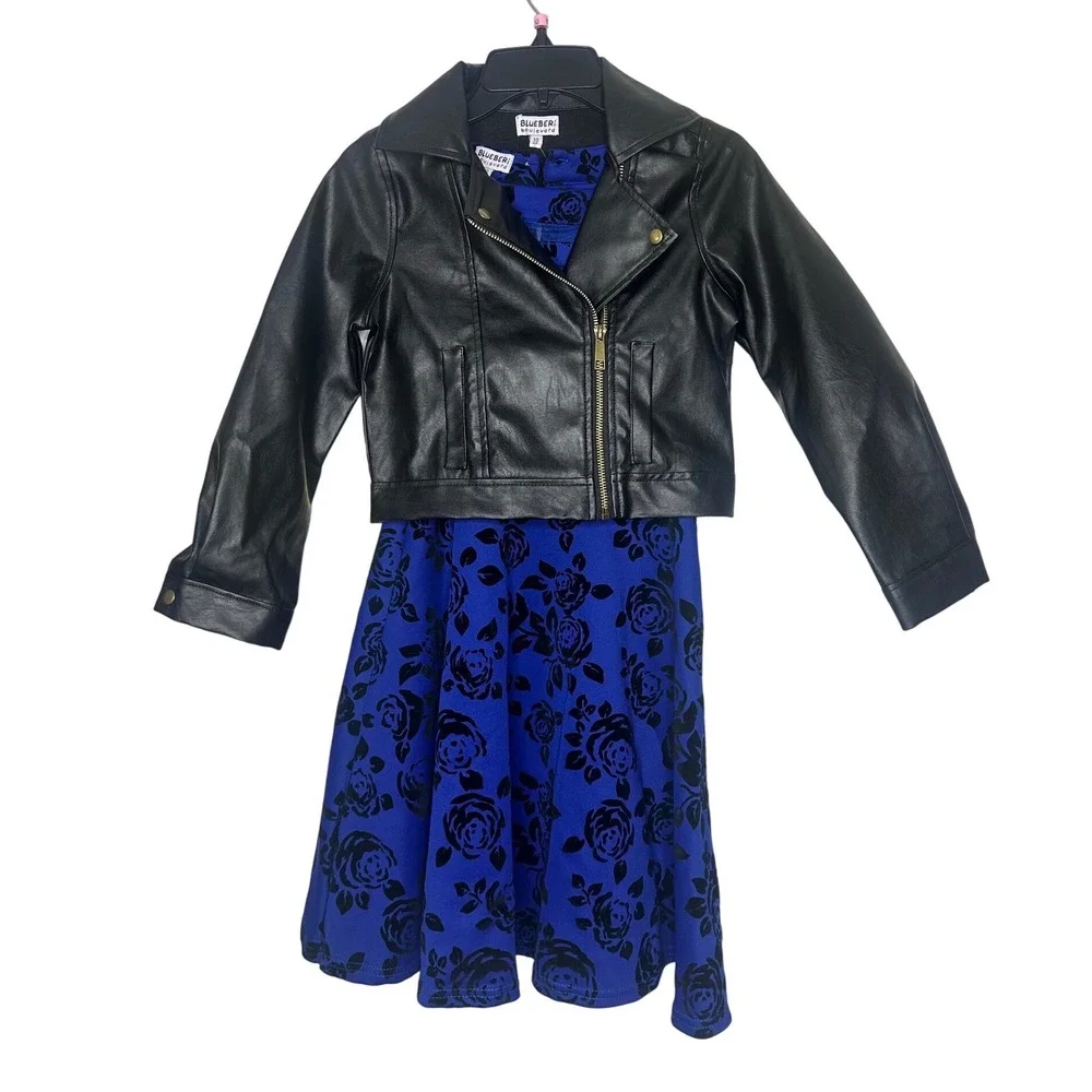 Blueberi‎ Boulevard Girls Faux Leather Moto Jacket And Floral Dress Set Size 10